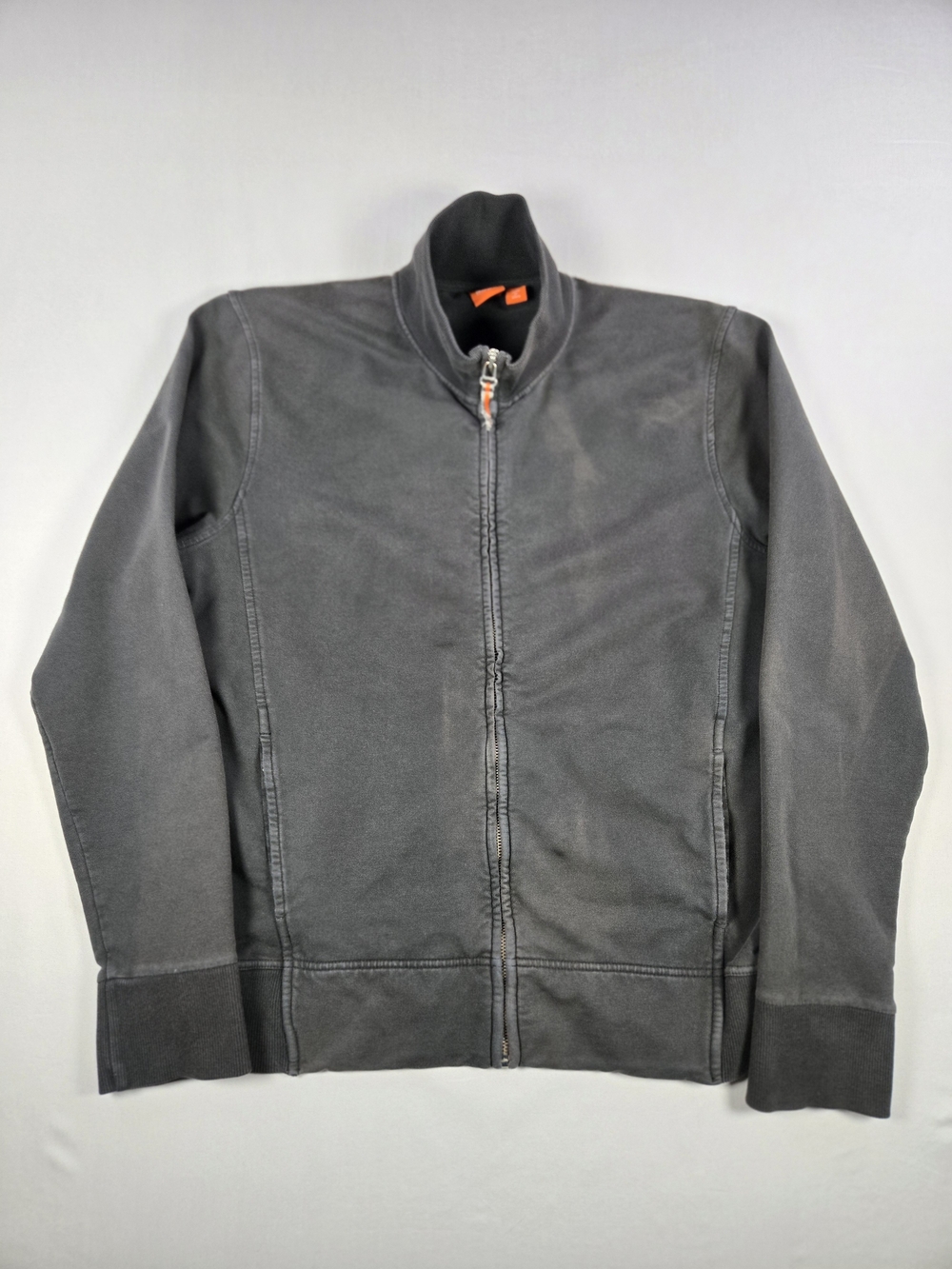 Hugo Boss Men's Full-Zip Jacket in Charcoal Gray Faded Black Orange Accents L